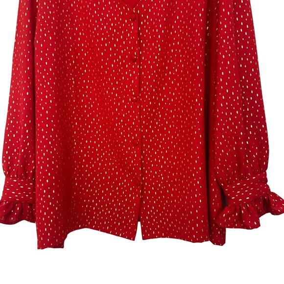 Emily Daniels Women Red Gold Polka Dot Blouse 2X Long Sleeve Ruffle Cuffs V-Neck - Picture 12 of 12